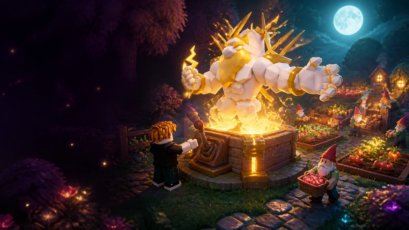 Roll A Gnome decorative ImageGen key art showing a magical garden roll and working gnomes